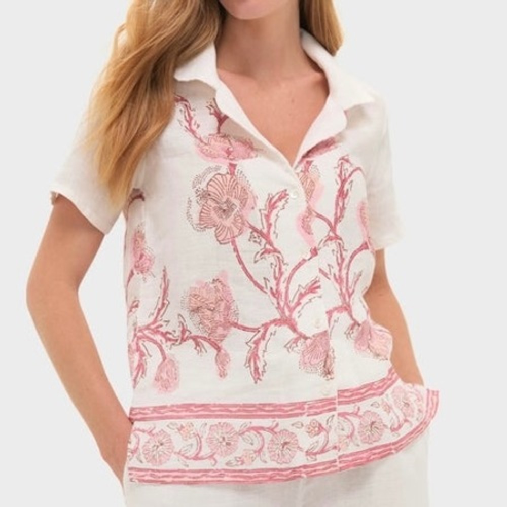 Hannah Artwear Tukernuck Gabriella Shirt Hibiscus Bloom Pink Floral Linen Blouse